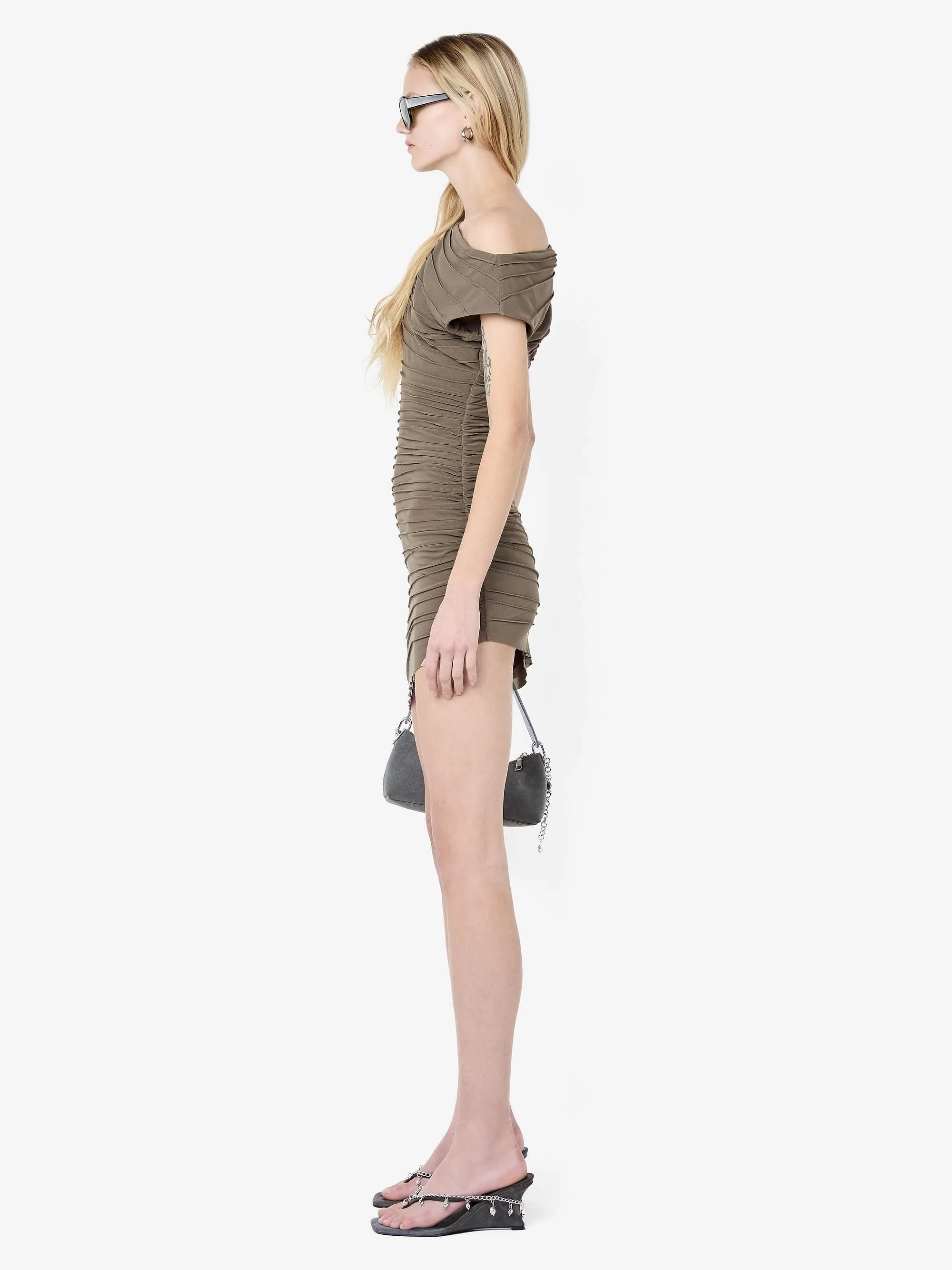 BRENNA PINTUCK MINI DRESS - KHAKI - Image 3