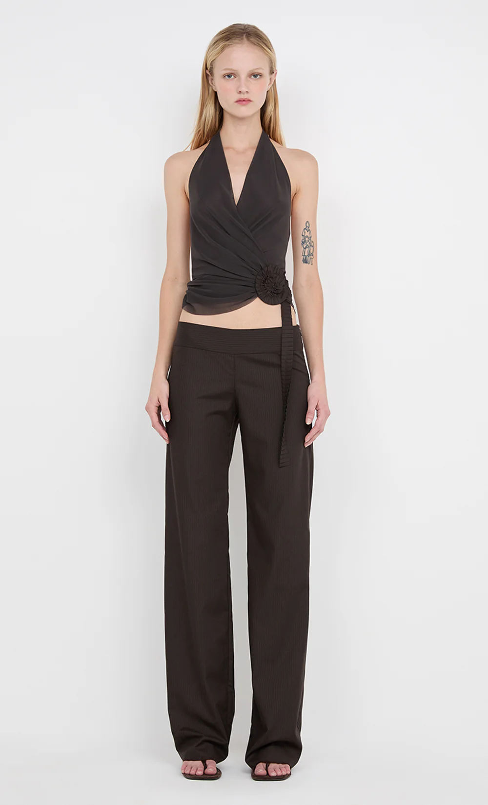 INGRID SPIRAL HALTER TOP - CHOC PINSTIPE