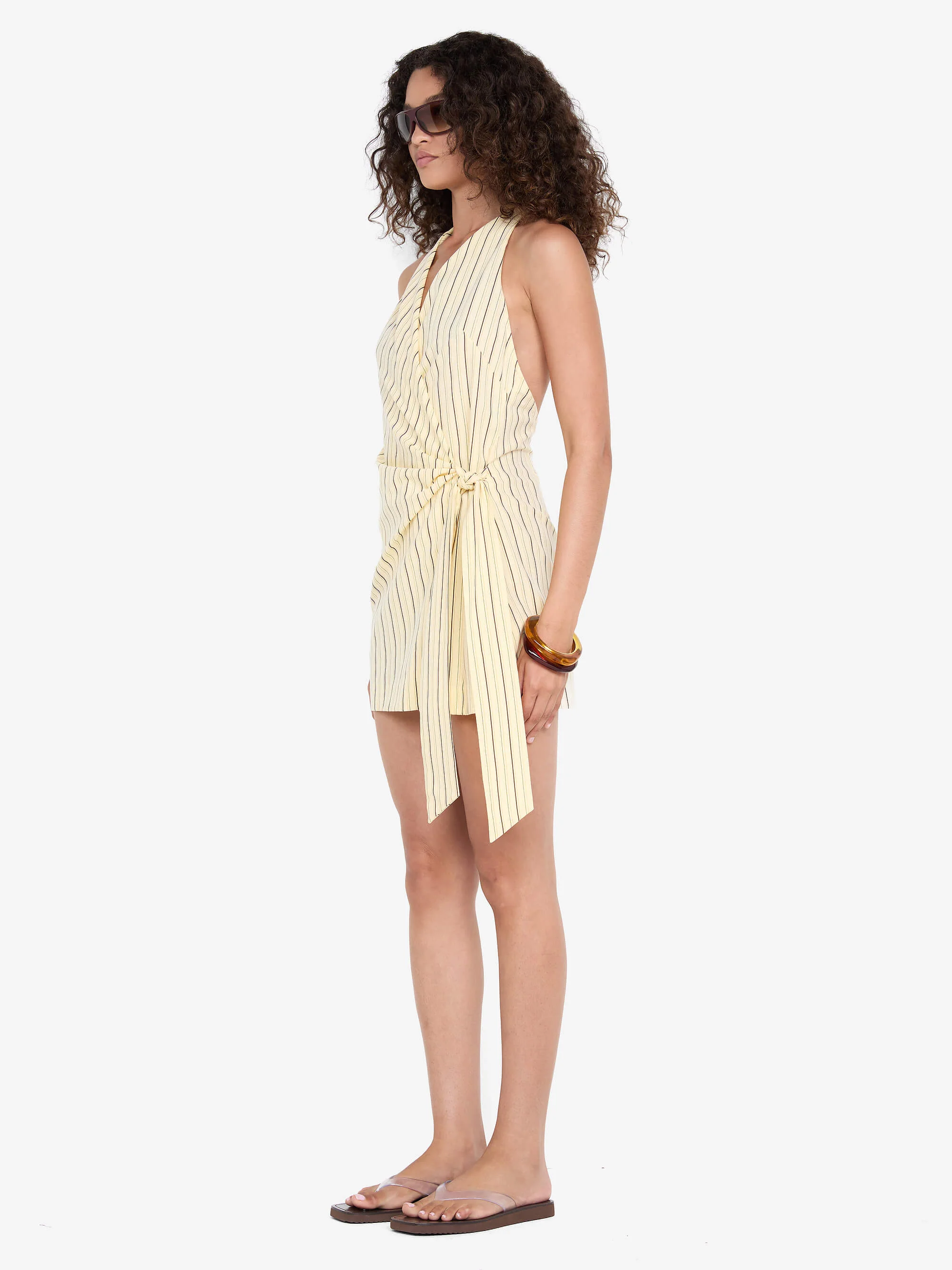 KIANA WRAP MINI DRESS - BUTTER/CHOC STRIPE - Image 4
