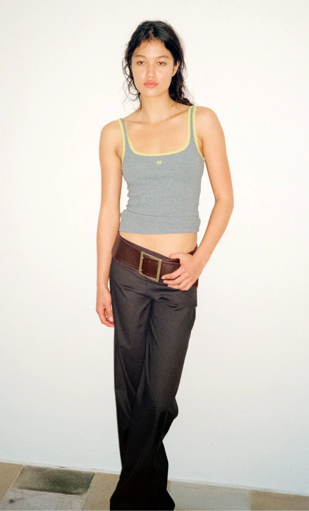 LANA SQUARE NECK TANK - GREY MARLE / LIME - Image 2