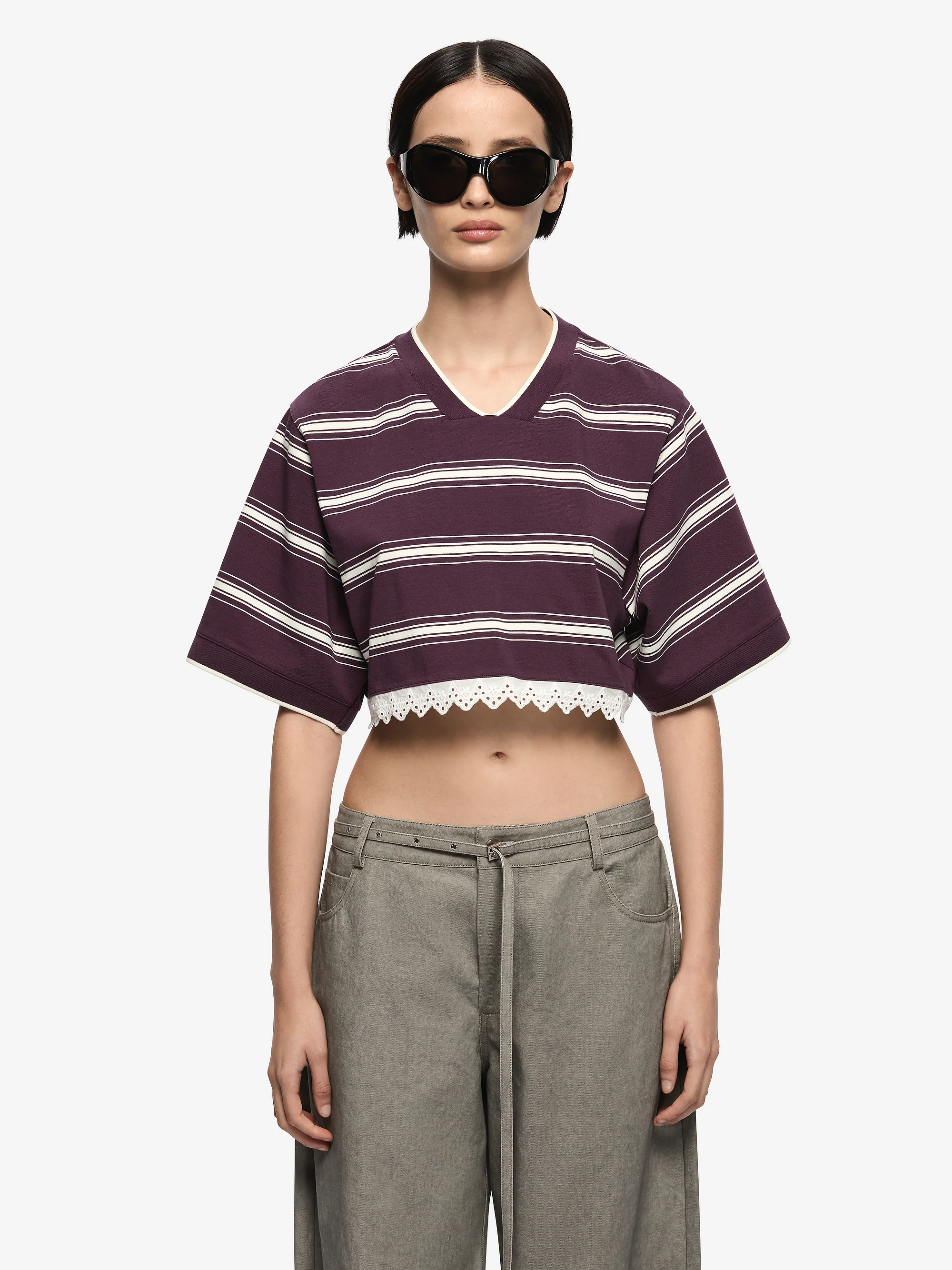 LUISA CROPPED JERSEY - PLUM/CREAM - Image 2